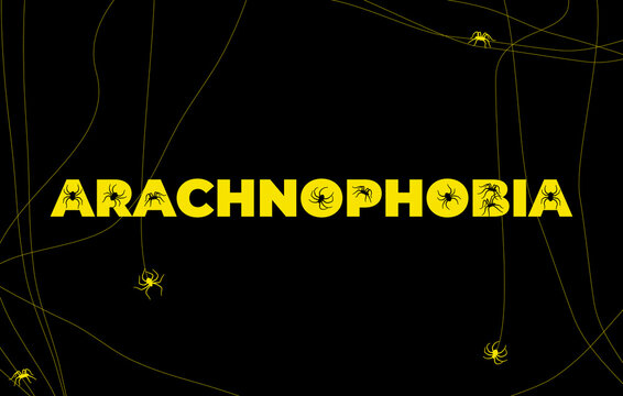 Arachnophobia, a special phobia of fear of spiders, panic fear. Vector background, simple and minimalistic with spiders in the title.