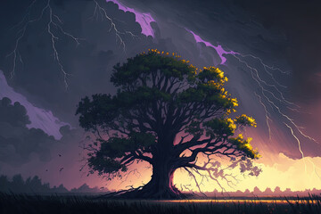 At dusk, a ray of light pierces the dramatic sky and strikes a lone oak tree. Generative AI