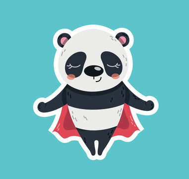 Cute superhero panda icon. Sticker for social networks and instant messengers. Asian exotic animal wearing mask and cloak meditating. Concentration and inner peace. Cartoon flat vector illustration