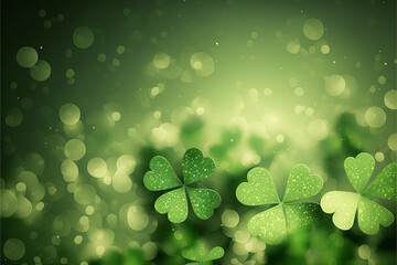 St. Patrick's day 2023 green shamrock clover on sparkly green background wallpaper backdrop. March 17, Saint Patty's Irish Pub celebration party. Created with digital art	
