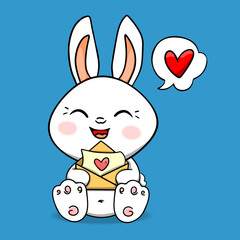 Happy Valentines Day, Cute Bunny with Envelope Message Love. Hand Drawn.Suitable for postcards, Valentine's Day wrapping paper. Animal Icon Concept Isolated Premium Vector. Flat Cartoon Style. 
