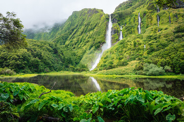 Waterfalls, green paradise hidden in Flores Island, Azores, Portugal - obrazy, fototapety, plakaty