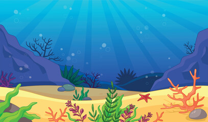 Under water background. Sea or ocean and landscape. Sea star and algae. Poster or banner for website. Flora and fauna. Colorful foliage, botany and floristry. Cartoon flat vector illustration