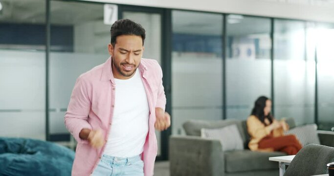 Office computer, dance and man celebrate financial profit, stock market growth or investment success. Economy, startup and crypto trader excited for forex, bitcoin mining or nft trading achievement