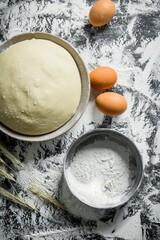Dough with eggs, spikelets and sieve.