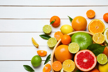 Different ripe citrus fruits with green leaves on white wooden table, flat lay. Space for text