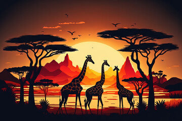 Fototapeta na wymiar Concept for safari tourism and vacation to Africa gloomy sunset in the African savanna with a herd of giraffes. Generative AI