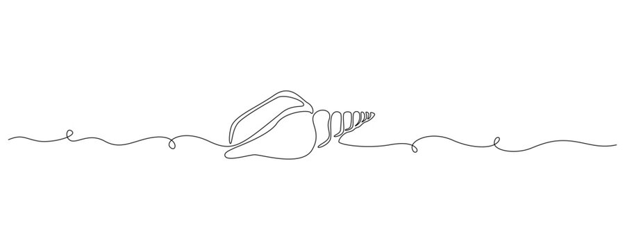 Continuous one line drawing of conch snail shell. Seashell symbol and banner of beauty spa and wellness salon in simple linear style. Editable stroke. Outline Vector illustration