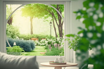 abstract blurred green garden natural view from window in living room panoramic background for design concept. Generative AI