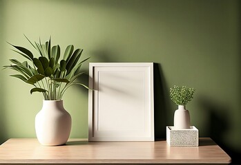 Empty white mockup picture frame with green plant decoration. Illustration