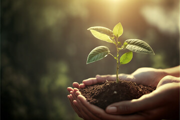 Nurturing the Future: Hands Holding and Caring for a Green Young Plant, Symbolizing Growth and Promise (ai generated)