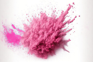 Abstract background with pink powder splatters, freeze motion of color powder exploding throwing, and color glitter texture on white. Generative AI