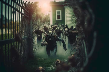 Fotobehang a zombie mob attacks a suburban town - generative AI © Martin