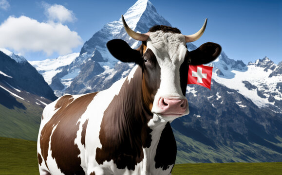 Cow with swiss flag in front of mountain Matterhorn - Generative AI
