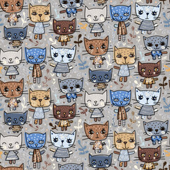 Cute seamless vector pattern with fun hand drawn stylized cats in blue, brown and grey colors for fabric and paper designs for kids and babies - 562257508