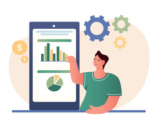 Business analysis concept. Woman evaluates graphs and charts on smartphone screen. Gadgets and devices, financial literacy and income. Statistics and infographics. Cartoon flat vector illustration