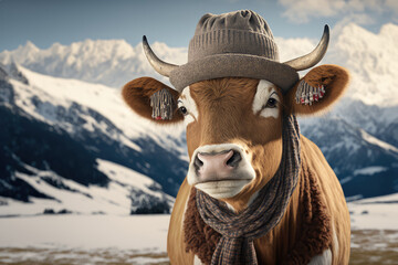Funny cow in the alps wearing hat and scarf - Generative AI - obrazy, fototapety, plakaty
