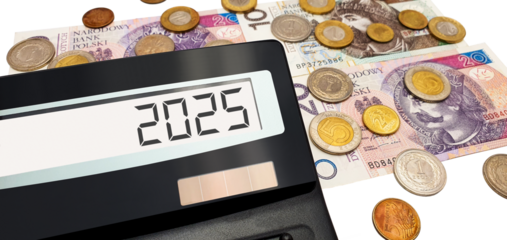 Polish zloty cash banknotes and coins, calculator with number 2025 on screen. Rising cost of energy, food and goods. The prospect of an energy and financial crisis in Poland