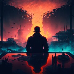 bureau, sous marin, homme, assis, regarde, dehors, coucher de soleil, silhouette, mer, eau, soleil, lumière, paysage, illustration, fantastique - 97