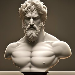 AI image featuring a white marble statue bust of a handsome young man, demigod hero Hercules. According to Greek mythology, despite not being a God, Hercules was welcomed into Mount Olympus - obrazy, fototapety, plakaty