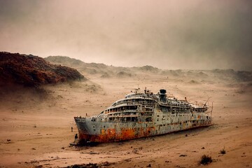 bateau de croisière échoué sur le sable dans le désert à cause du réchauffement climatique - illustration IA - obrazy, fototapety, plakaty
