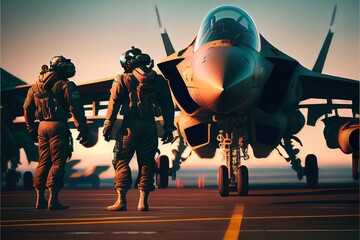 Military fighter aircraft on an aircraft carrier. Generative AI Art.