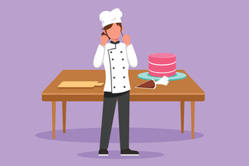 Graphic flat design drawing of female chef standing with celebrate gesture and cooking uniform prepare ingredient to cook best dishes. Chef with sweet cake on table. Cartoon style vector illustration