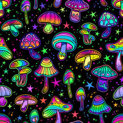 A bunch of different colored mushrooms on a black background, psychedelic background