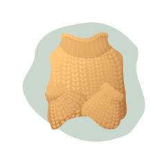 Knitting sweater elements. Knitting hobby. Warm clothes, cozy winter. Isolated vector illustration for poster, banner, cover, card.