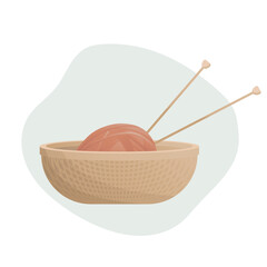 A ball of red coloured thread for knitting with knitting needles inside the basket. Knitting hobby. Cozy winter. Isolated vector illustration for poster, banner, cover, card.