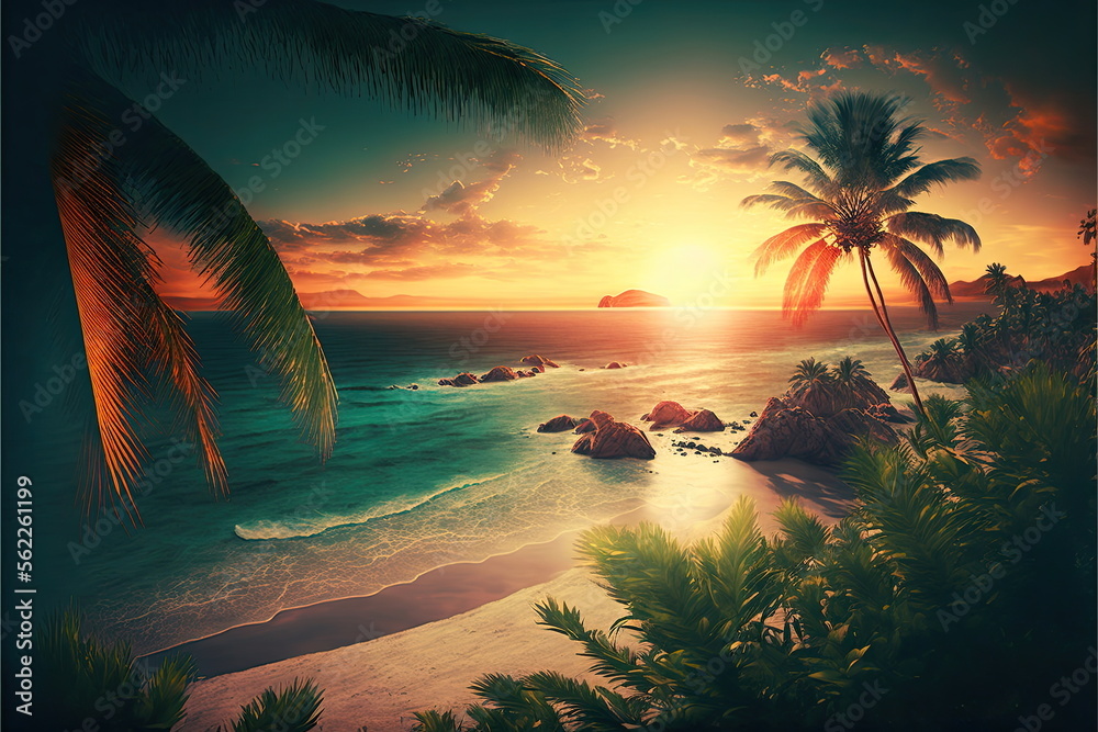 Wall mural beach and sea, nice tropical beach with palms, beautiful sunset, Made by AI,Artificial intelligence - Wall murals