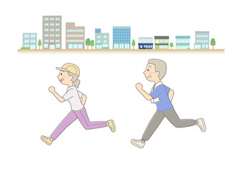 街並みを背にジョギングをするシニア男女カップル