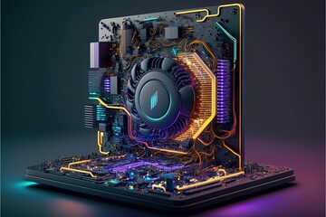 Computer fan and circuits, bright neon lights, 3d illustration made with Generative AI