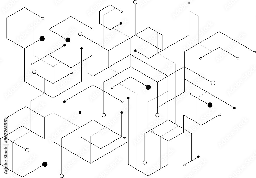 Wall mural abstract geometric hexagon lines and dots connection.