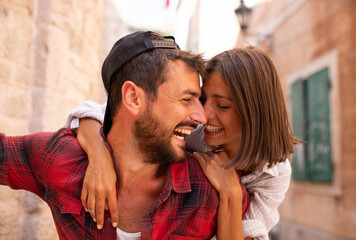 Happy love couple visiting old tourist places