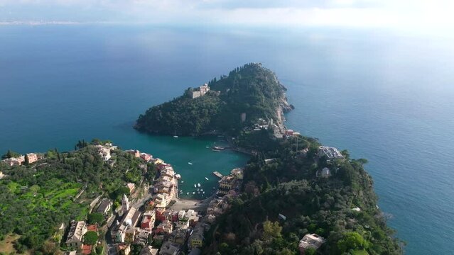 Aerial view of Portofino overlooking the sea in Liguria