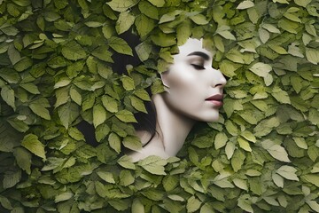 Portrait of a woman hidden by green leaves, generative ai - obrazy, fototapety, plakaty
