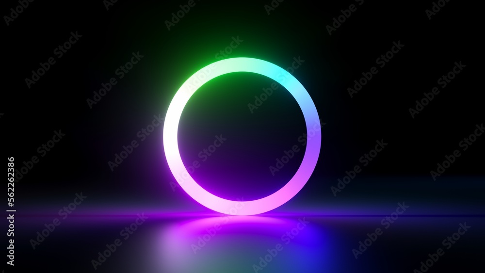 Wall mural 3d render, abstract minimalist background with simple geometric round shape. colorful neon ring glow