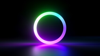 3d render, abstract minimalist background with simple geometric round shape. Colorful neon ring glowing in the dark, pink violet green gradient