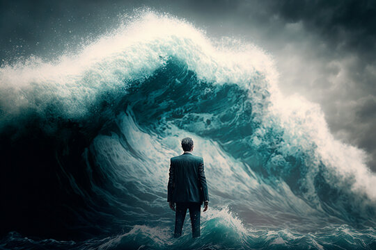 Businessman watching giant wave. Generative AI illustration 