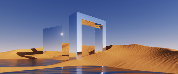 3d rendering. Abstract fantastic background. Desert scenery. Panoramic landscape with sand dunes, water and geometric mirror shapes, square metallic arches under the clear blue sky. Minimal wallpaper