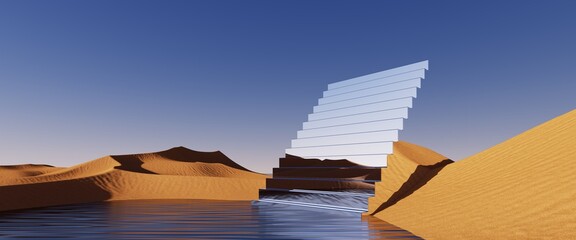 3d render. Abstract surreal background. Desert landscape with sand dunes and mirror stairs under the clear blue sky. Panoramic fantastic wallpaper