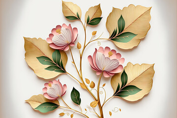 Flowers with pink petals, golden buds, and green foliage are depicted on a white sheet of paper. Plant trunks and leaf veins are both made of gold. The form of the leaves is oblong. Generative AI