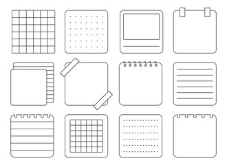 Paper note sticker square notepad black line set. Differ lined squared dotted paper note minimal blank white sticker planner notebook design page task do list reminder frame notebook outline isolated