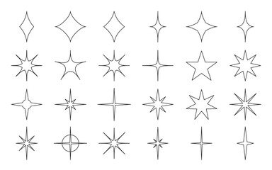 Star space magic editable stroke black line set. Thin outline simple icon blank contour for color text glow night sky light flash constellation different shape abstract christmas doodle sign isolated