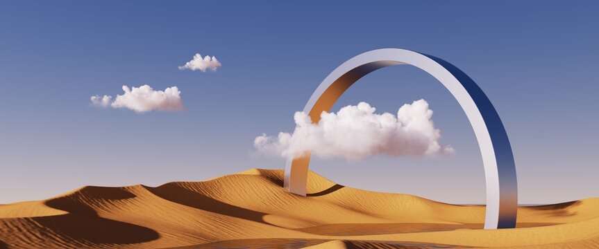 3d render, panoramic desert landscape, sand dunes metallic arch and white clouds, sunny day background
