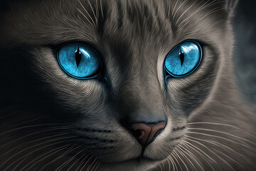 Blue eyes and a gray cat. up close portrait. Generative AI