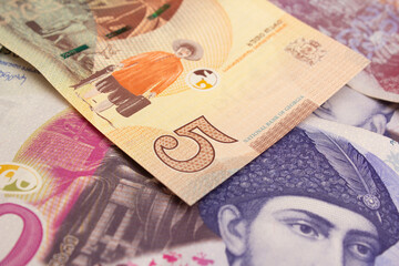 Background with paper note of Georgia. Georgian 5 lari close-up. Man in hat with fish catch. Concept of collecting money, travel, tourism, adventure. Cash to buy food, pay off debt, credit. Bill. Buy