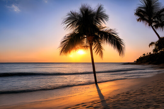 Calm ocean view on a beach with palm tree shading the sun. Generative Ai