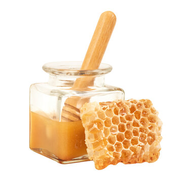 Manuka honey and honeycomb on transparent background.